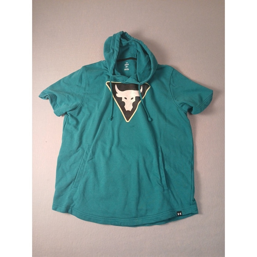 Under Armour Project Rock Logo Hooded Sweatshirt Short Sleeves Men's L Teal